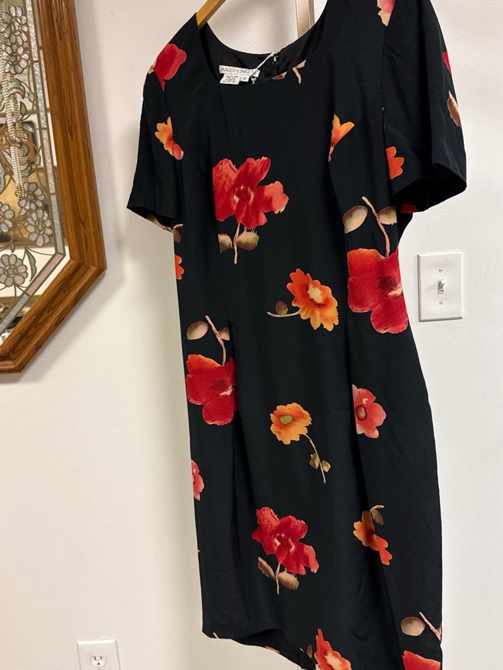 Maggy London Black Midi Dress with Red & Orange Floral Print